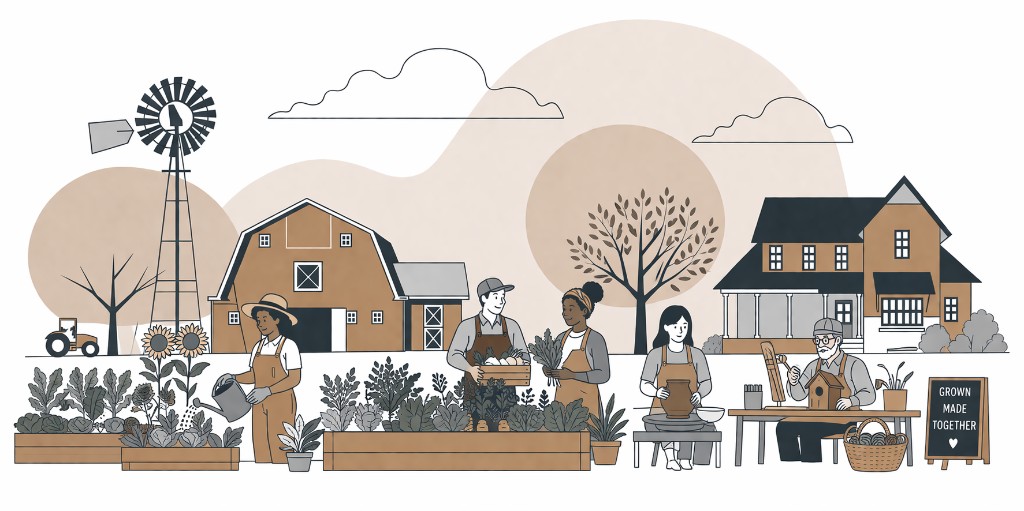 Flat illustration of a diverse community farming, gardening, making pottery, and woodworking together, with a barn, farmhouse, and a sign that reads Grown made together.