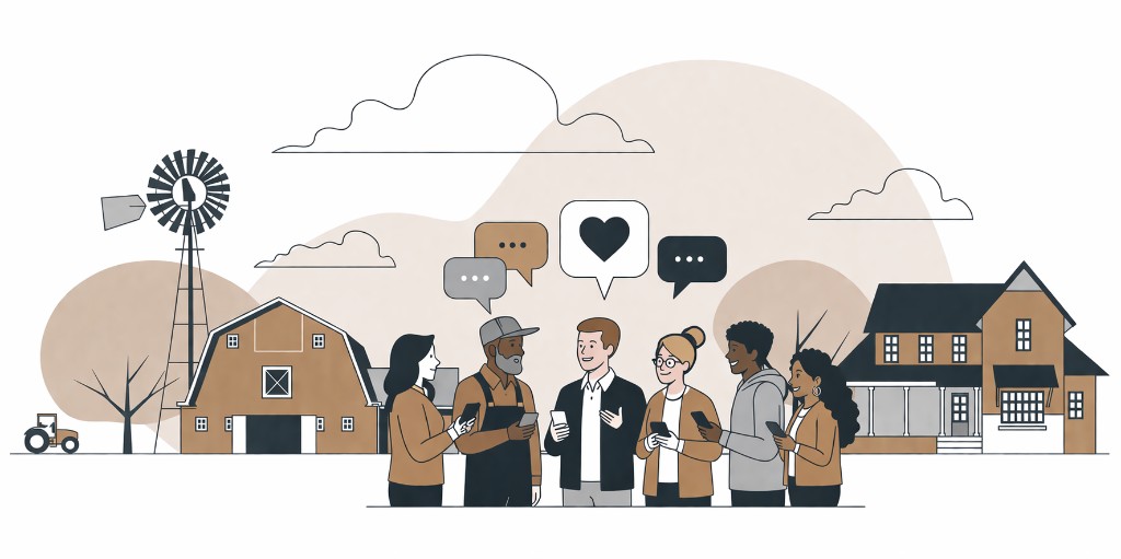Illustration of people connecting on phones near a barn, windmill, and house—community messaging.